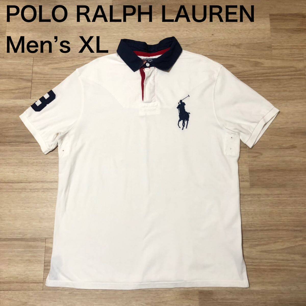 【送料無料】色落ちありPOLO RALPH LAUREN 半袖ポロシャツ 白ネイビービッグポニー刺繍　メンズXLサイズ　ポロラルフローレン_画像1