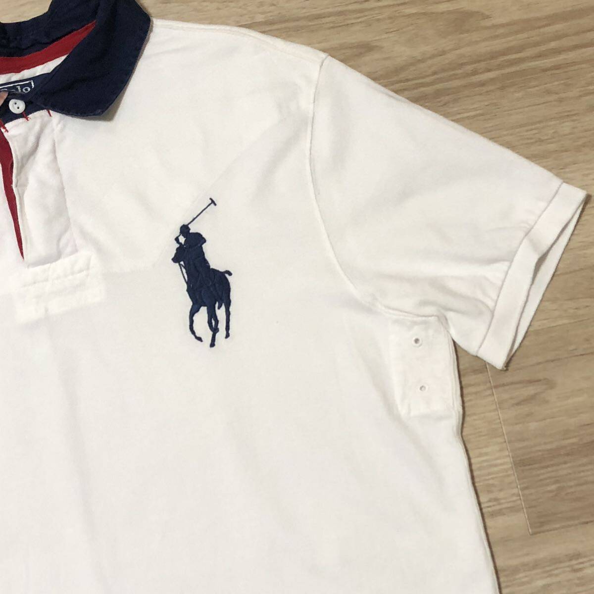 【送料無料】色落ちありPOLO RALPH LAUREN 半袖ポロシャツ 白ネイビービッグポニー刺繍　メンズXLサイズ　ポロラルフローレン_画像3