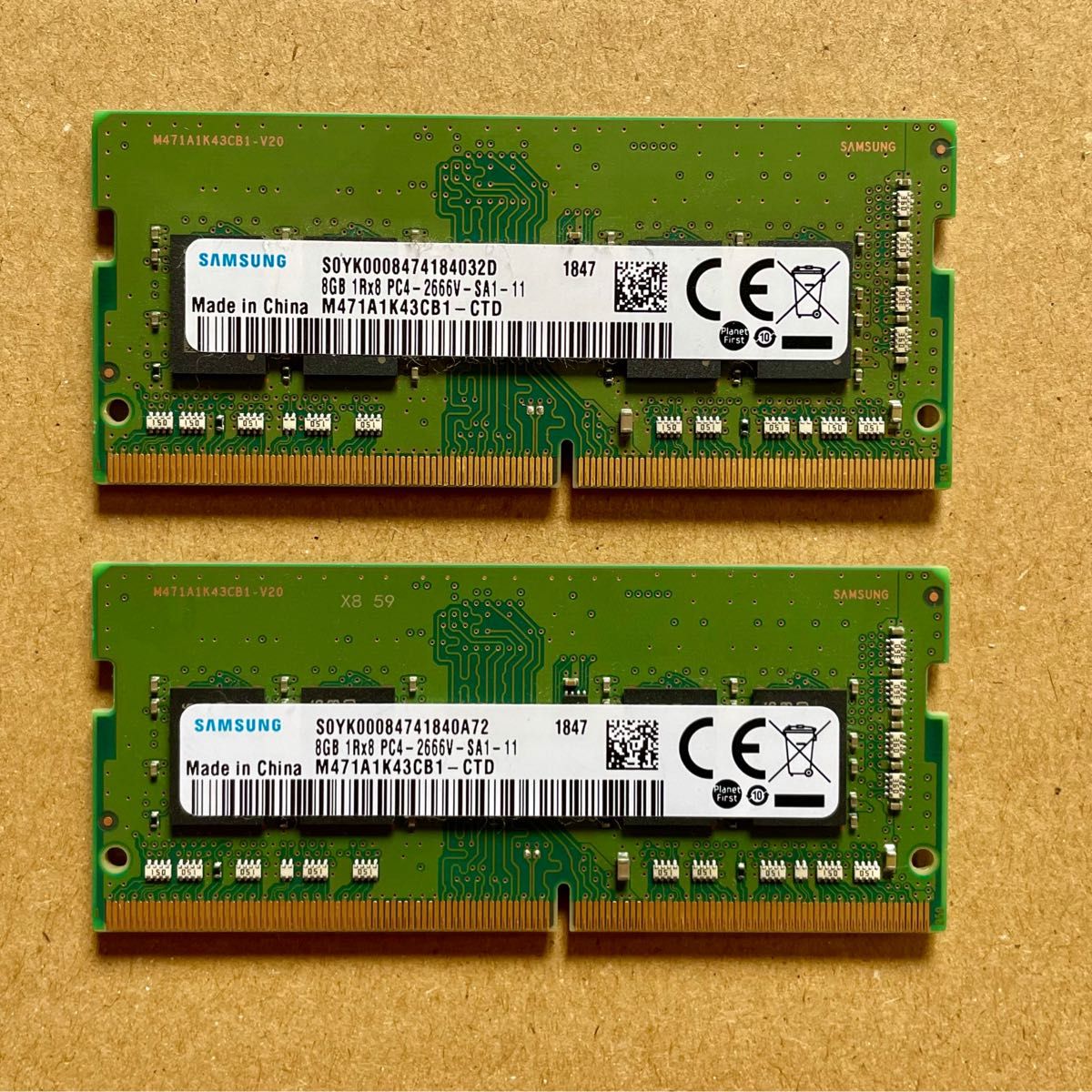 16GB 8GB×2枚 SAMSUNG PC4-2666V-SA1-11 1R×8 ノート用メモリ DDR4-2666 動作確認済