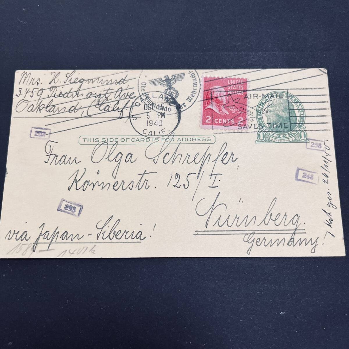 1940年 「日本-シベリア鉄道経由」米国発ドイツ宛はがき使用例 米1cはがきに2c切手加貼 ナチ検閲印および数字検閲印押印 エンタイア_画像1