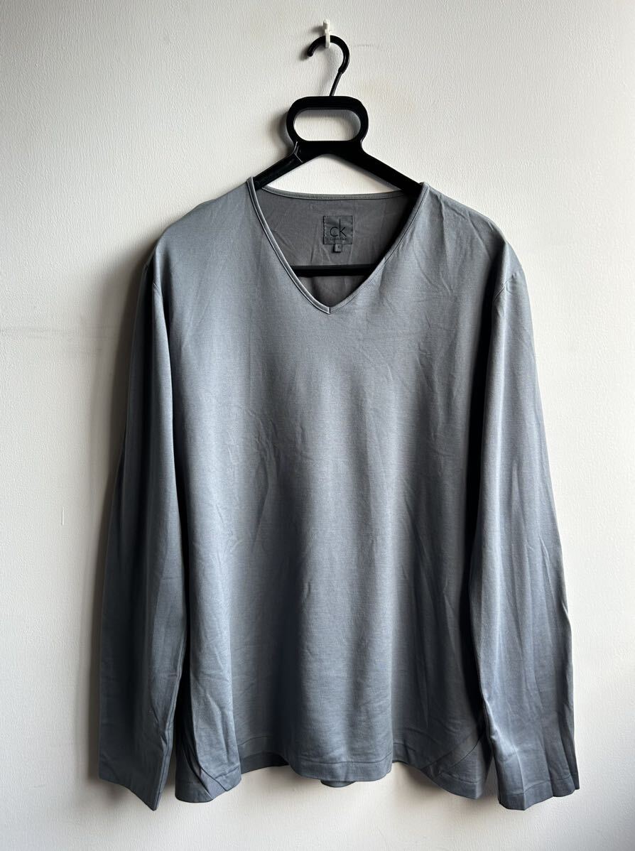【美品】Calvin Klein カットソー 長袖 Tシャツ メンズ XL グレー 無地 Vネック ロンT カルバンクラインの画像2