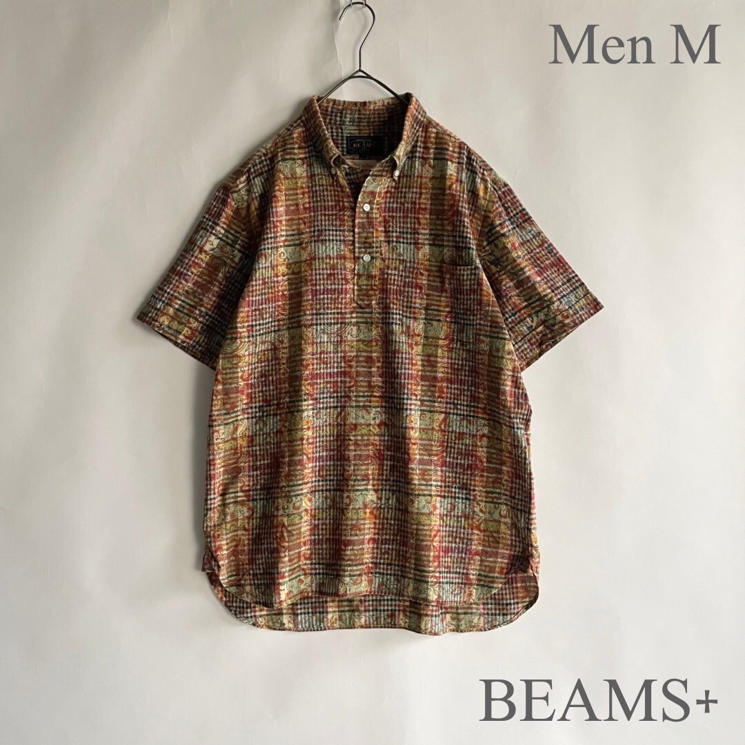 【美品】 BEAMS PLUS 日本製 ビームスプラス 半袖プルオーバーシャツ インディアンマドラス ボタンダウン 総柄 マルチカラー size M sk_画像1