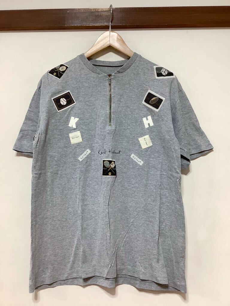 ひ1307 Karl Helmurt カールヘルム ハーフジップ 半袖Tシャツ ワッペン付き グレー 日本製 レトロ 古着 Mの画像1