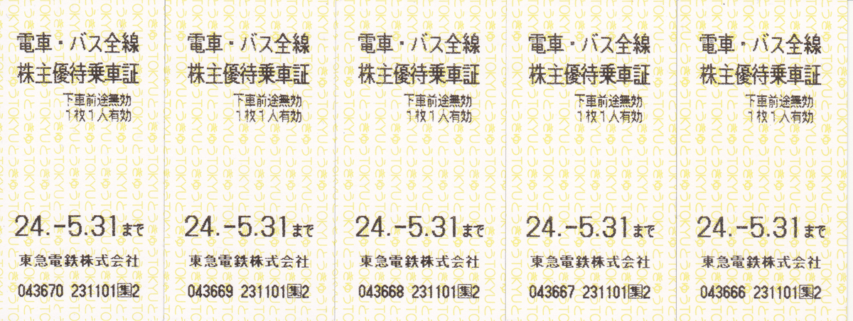 ★東急電鉄　電車・バス全線株主優待乗車証◆５枚◆２０２４年５月３１日まで★_画像1