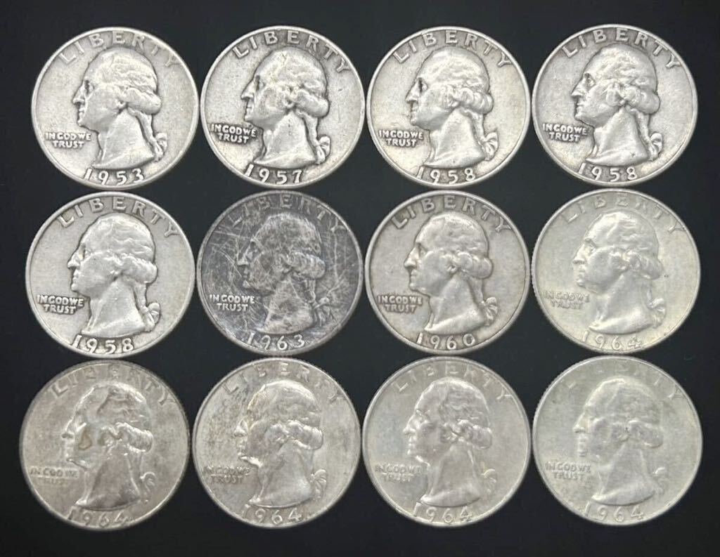 アメリカ クォーターダラー QUARTER DOLLAR 25セント銀貨 ワシントン 1953 1957 1958 1960 1963 1964 12枚まとめ 外国コイン 0d ⑧_画像1