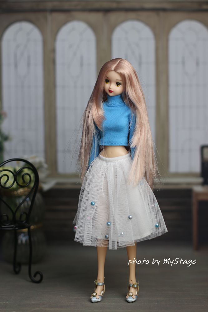  doll clothes msdr-24-170 blue long sleeve T shirt . white chu-ru Cart (momoko, Jenny,MISAKI,OBITSU body )