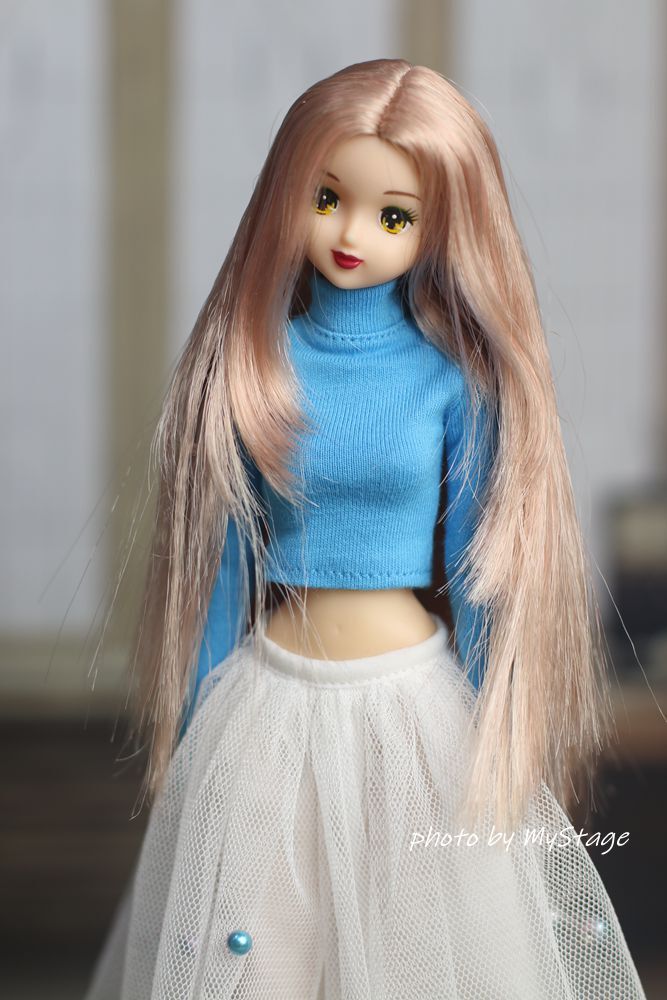  doll clothes msdr-24-170 blue long sleeve T shirt . white chu-ru Cart (momoko, Jenny,MISAKI,OBITSU body )