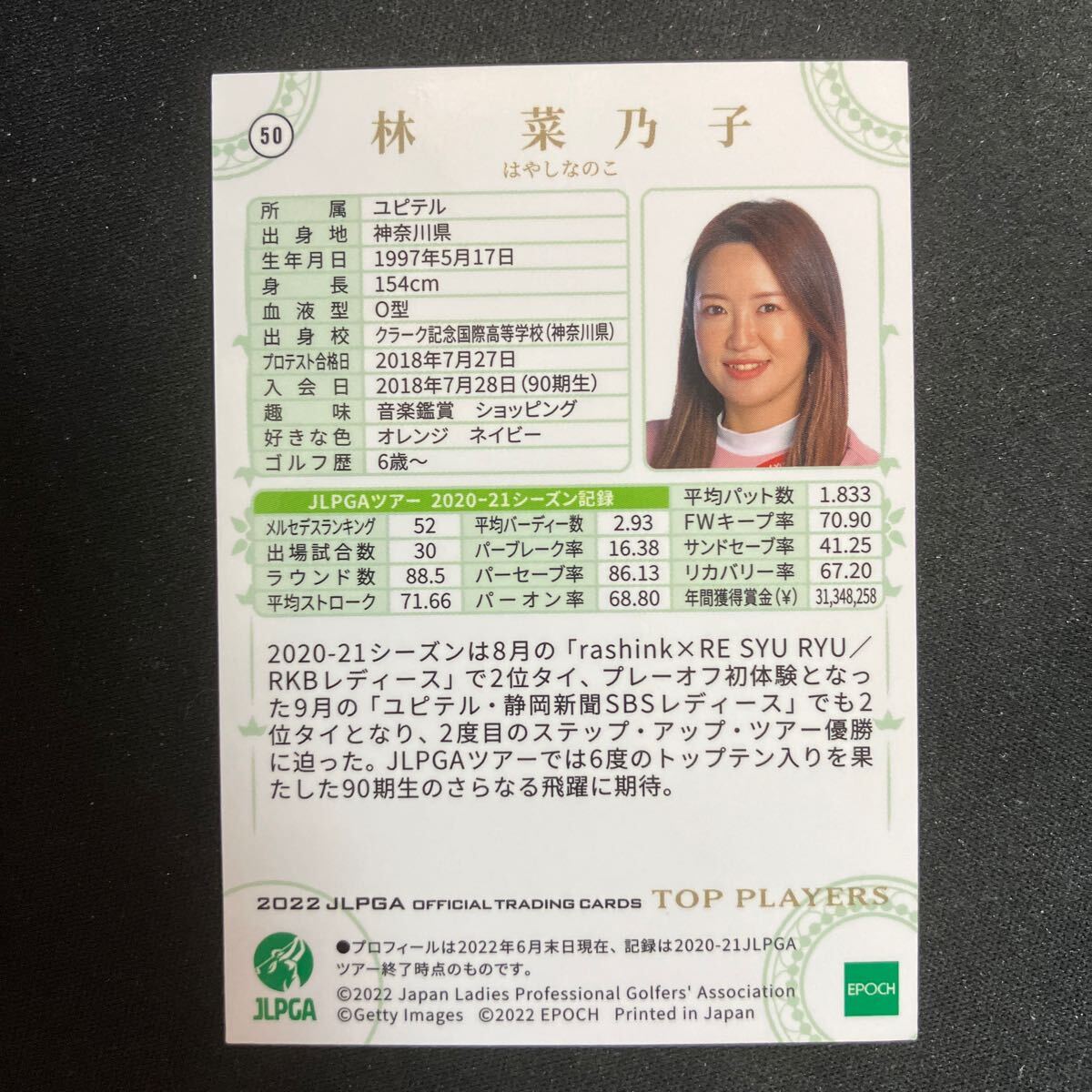 2022 EPOCH エポック JLPGA 女子プロゴルフ TOP PLAYERS 林菜乃子_画像2