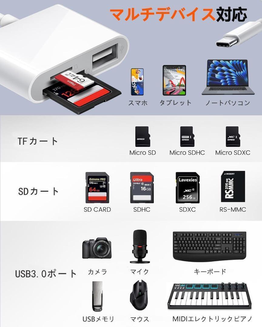 SDカードリーダー タイプC 3in1 変換アダプター USB3.0 iPhone iPad MacBook Chromebook Android 白 PC周辺機器 新品 未使用の画像6