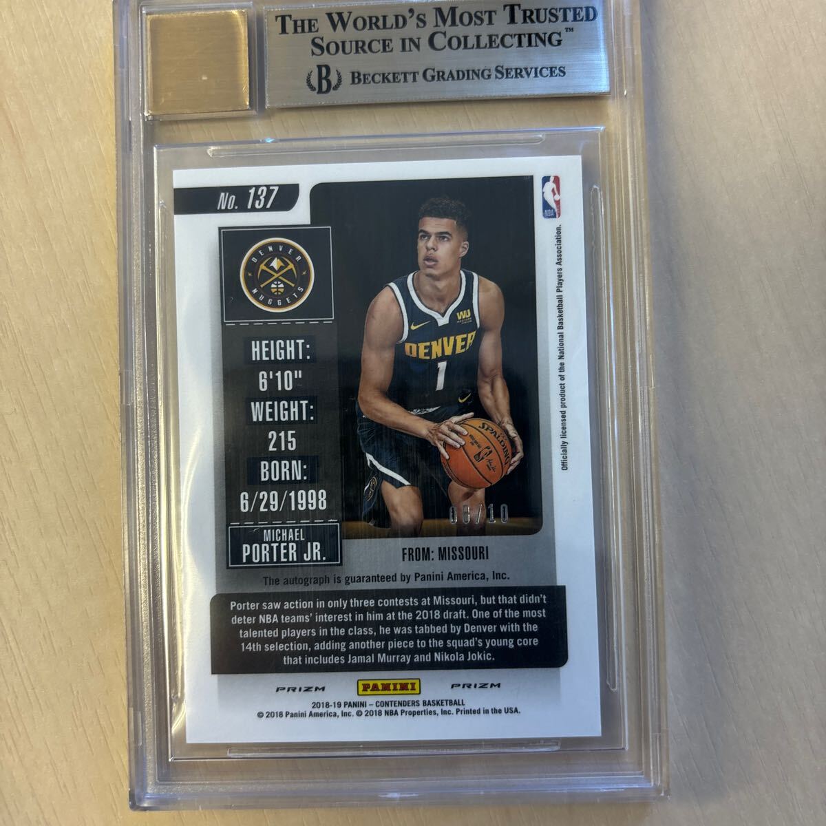 NBA　BGS9.5 AUTO10 2018-19 CONTENDERS AUTO 直書き Gold /10 RC MICHAEL PORTER JR NUGGETS_画像2