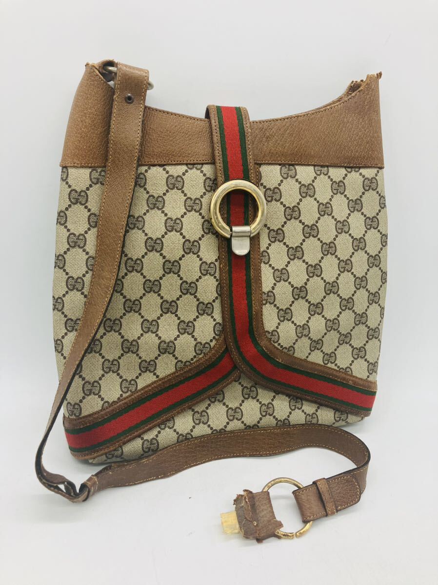 5R1 必見! GUCCI グッチ オールドグッチ シェリーライン ショルダーバッグ PVC×レザー ブラウン系 ジャンク品 現状品 !_画像1