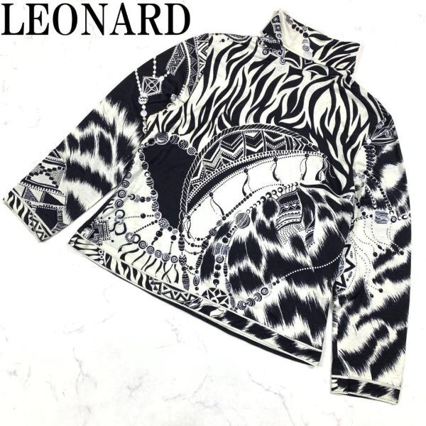 LA1471 レオナール 総柄シルクウールブラウス LEONARD プルオーバー 大きいサイズ バイカラー アイボリー×黒ブラック LL_画像1