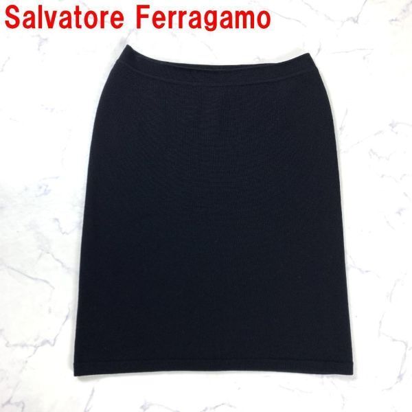 A2814 サルヴァトーレフェラガモ ひざ丈スカート Salvatore Ferragamo ブラック ウエストゴム ストレッチ ウール ニット 黒 S_画像1