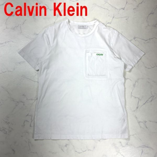 A2869 カルバンクラインプラチナム半袖Tシャツ 綿 Calvin Klein PLATINUM プラティナム コットン ホワイト 胸ポケット 刺繍 白 Ｌ_画像1