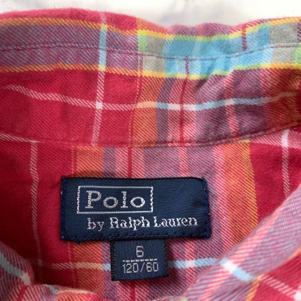 A2936 ポロラルフローレン 半袖シャツ 綿 チェック 赤 POLO RALPH LAUREN コットン レッド オレンジ 120_画像5