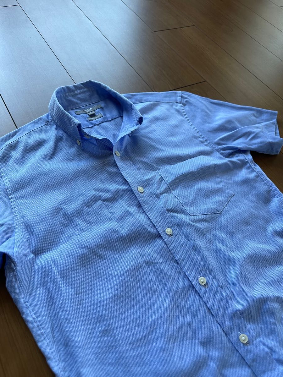 slim fit ドレスシャツ ボタンダウン 半袖シャツ ブルー メンズS ユニクロ カッターシャツ