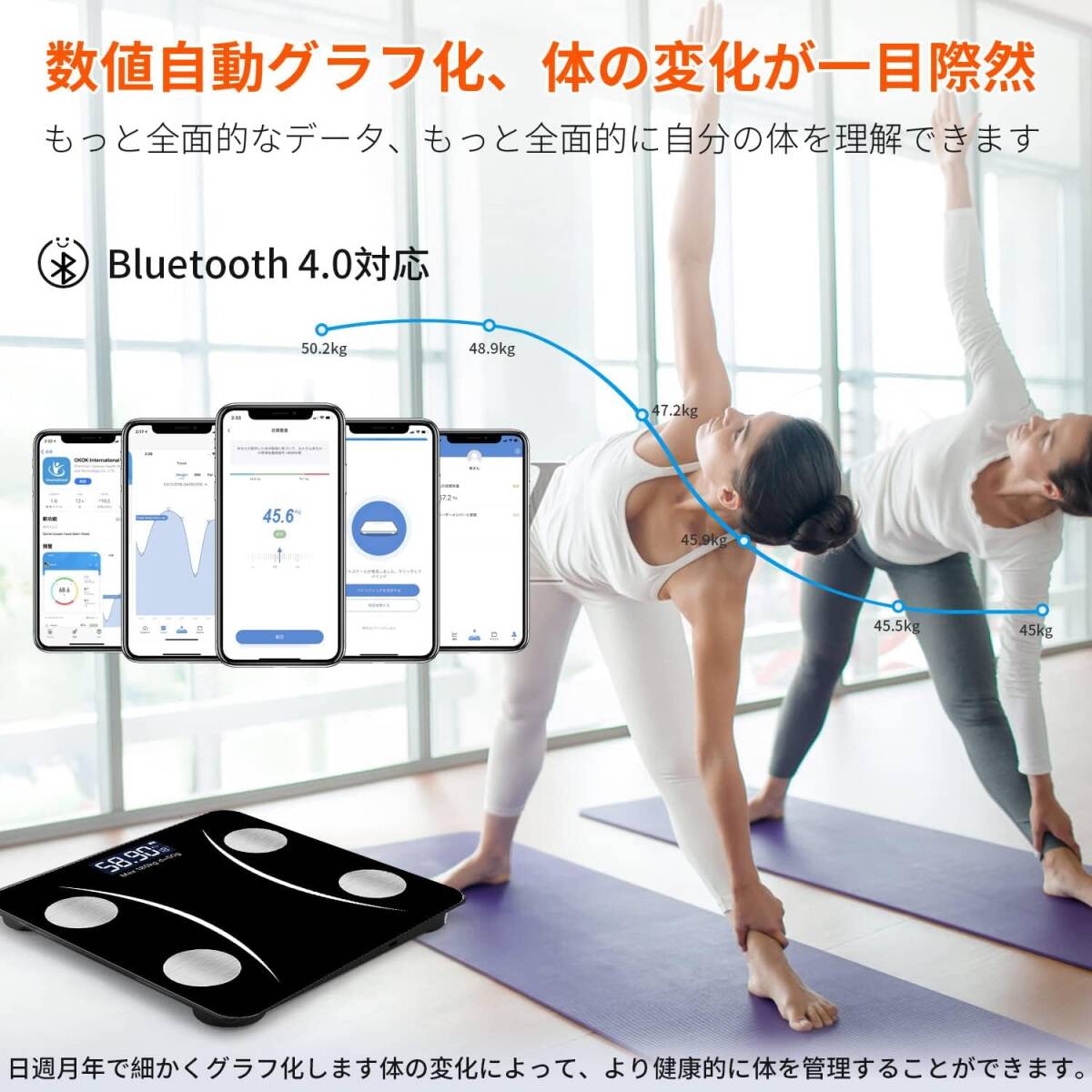 体重計 体脂肪計 Bluetooth 体組成計 スマホ連動 高精度/軽量収納 日本語APP iOS/Android対応 ボディスケール 日本語取扱説明書_画像5
