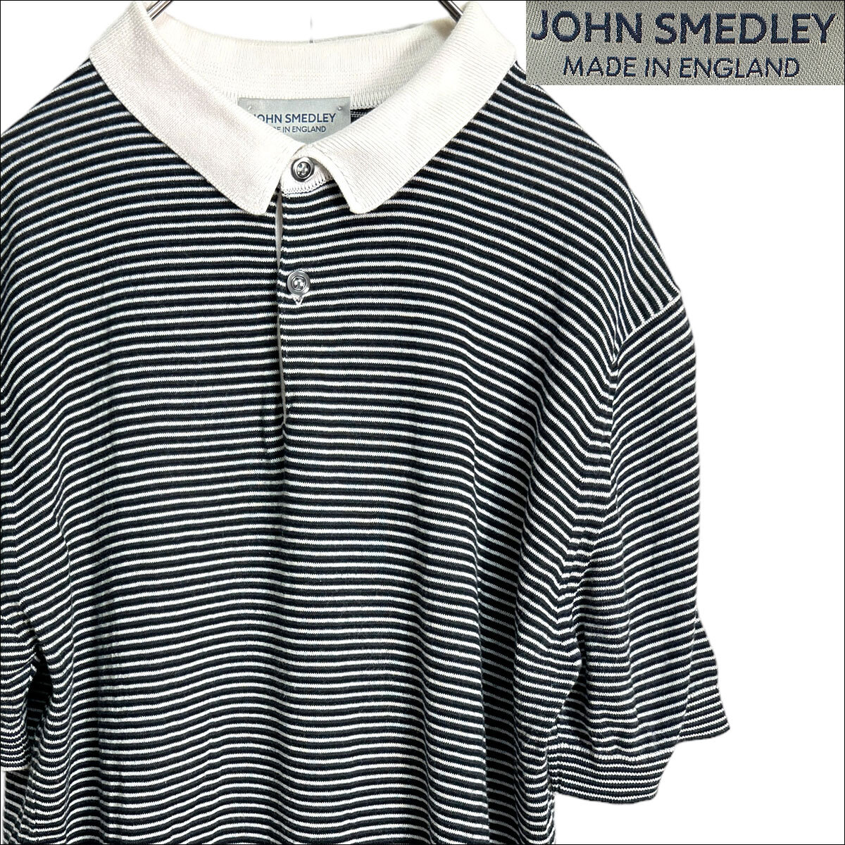 J3134 美品 ジョンスメドレー ボーダーニットポロ ネイビー M JOHN SMEDLEY_画像1