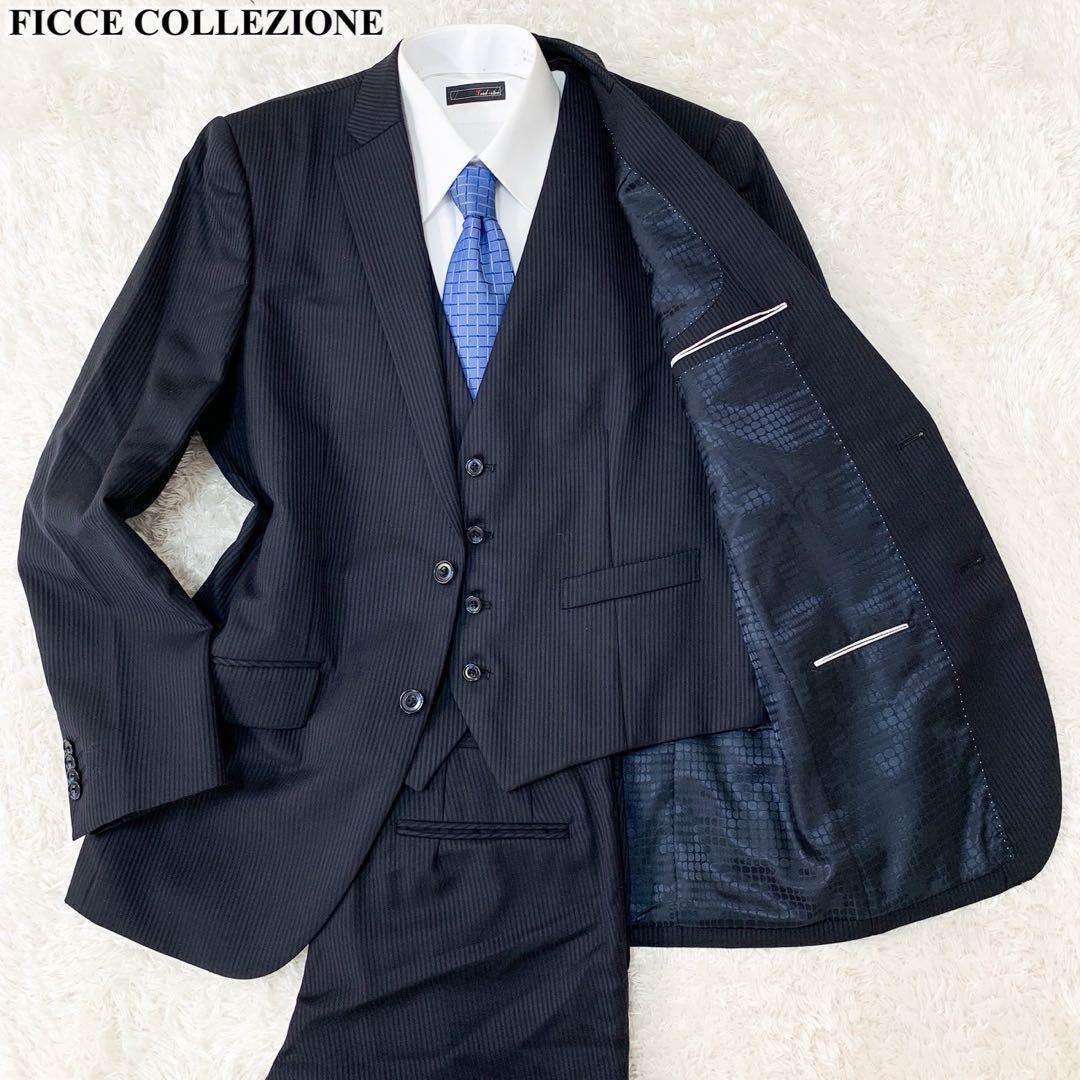  rare 2XL size *FICCE business suit setup three-piece 3 point set black black lining total pattern men's tailored jacket the best 