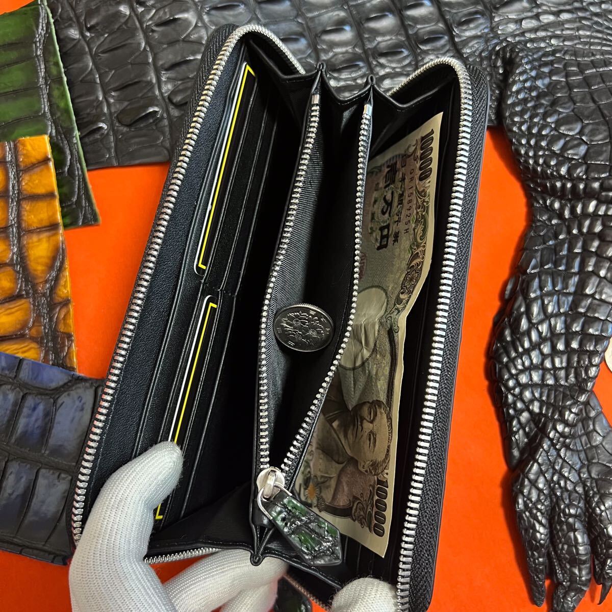  regular price 5 ten thousand jpy [ the truth thing photographing ]. person. green crocodile men's round fastener wani. original leather hand dyeing handmade long wallet 
