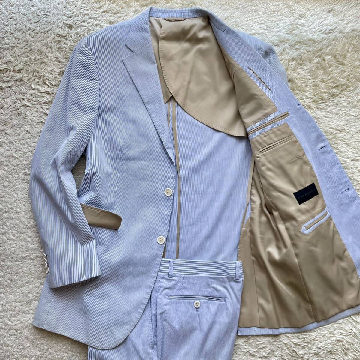  rare XL size corresponding doll Homme [.. coming out . refreshing .] setup stripe blue group men's suit summer suit cotton ultimate beautiful goods AB7