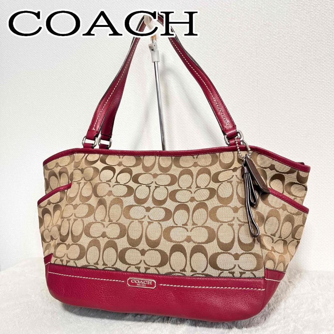 美品COACHコーチセミショルダーバッグトートバッグブラウンレッドシグネチャー