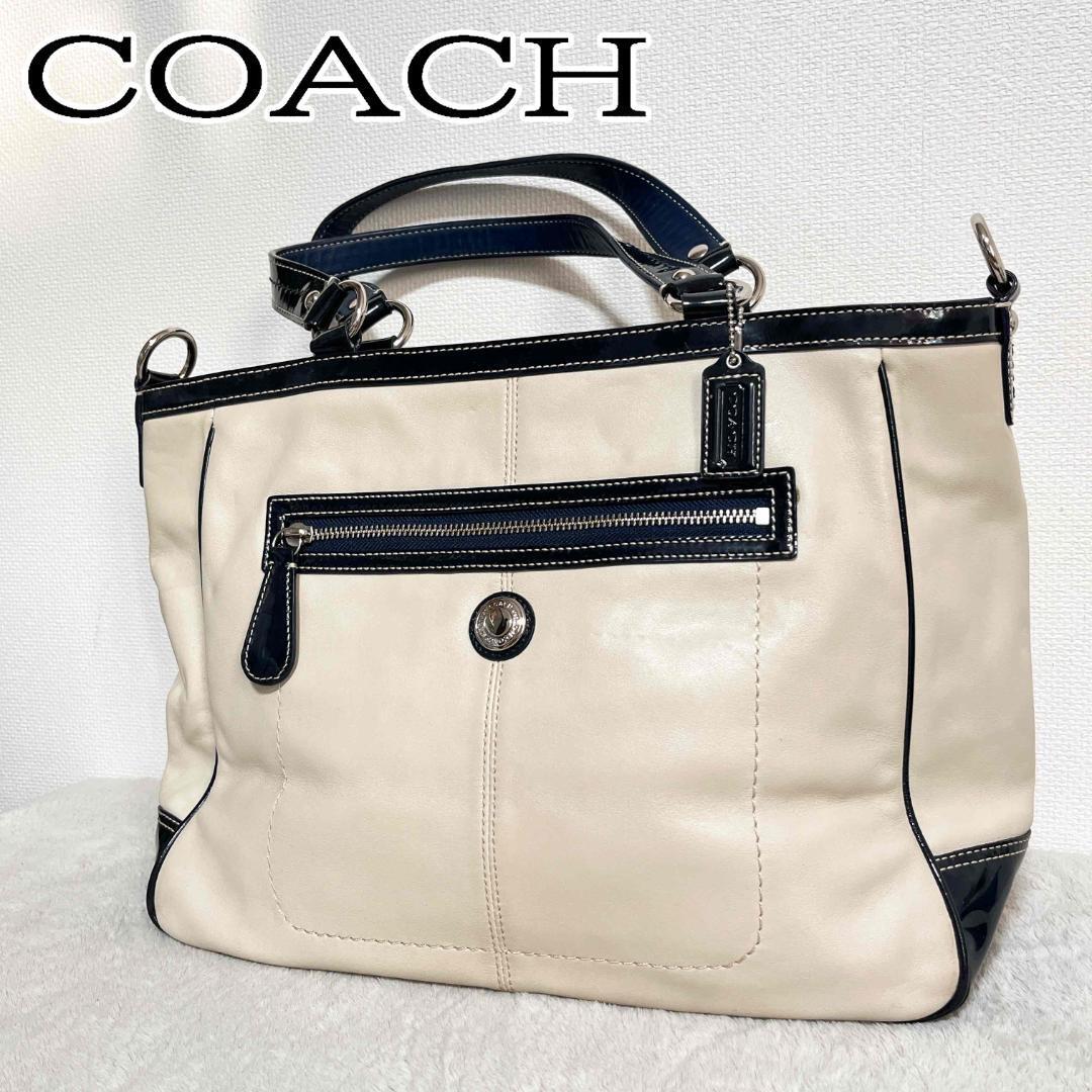 美品COACH コーチセミショルダーバッグトートバッグホワイト白レッド赤