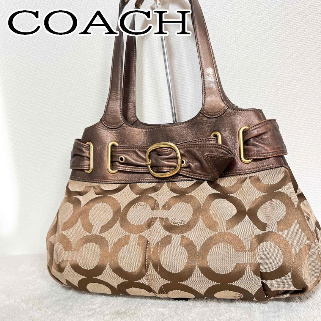 美品COACHコーチセミショルダーバッグトートバッグブラウン茶シグネチャー総柄_画像1