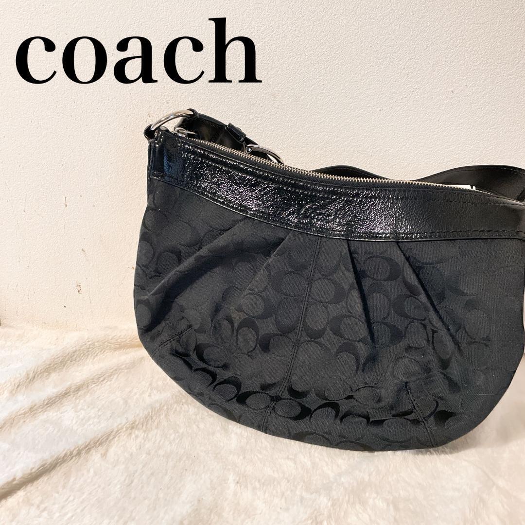 美品COACHコーチセミショルダーバッグトートバッグブラック黒シグネチャー総柄