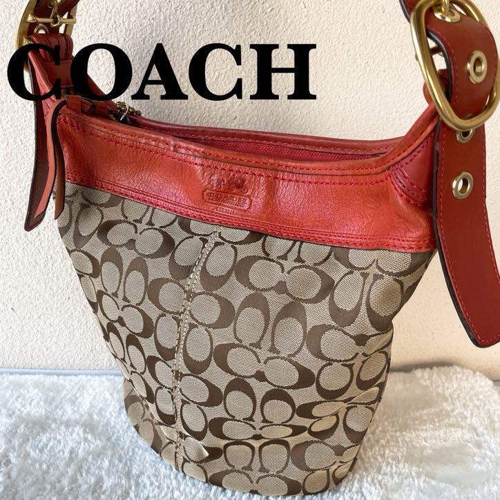 美品COACH コーチショルダーバッグハンドバッグブラウン茶シグネチャー総柄