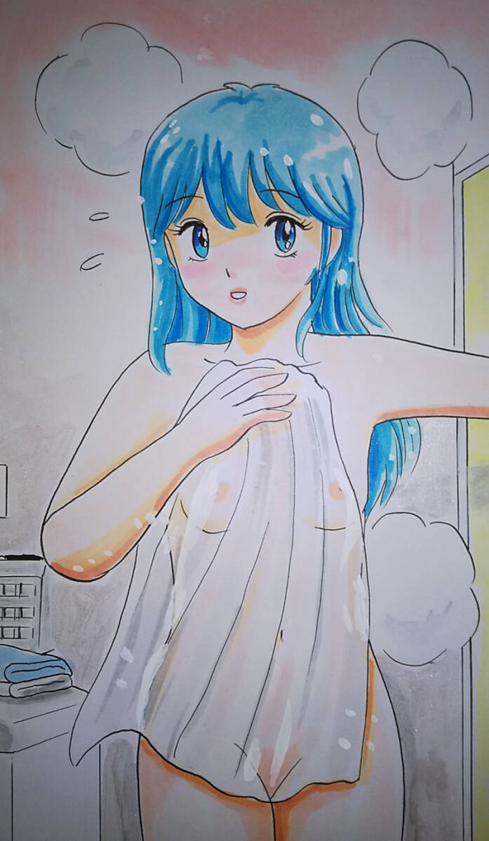 手描きイラスト、湯あがりの女子_画像2