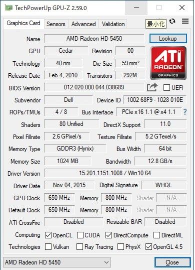 Radeon  HD5450 1G 動作品 ロープロファイル PCI-Express 64bit