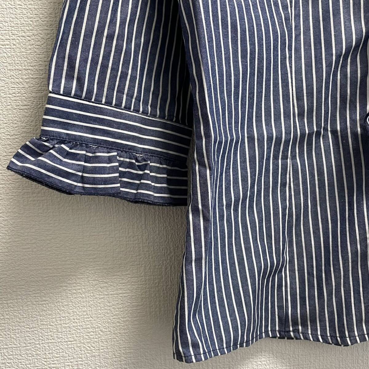 NARACAMICIE Nara Camicie lady's frill 5 minute sleeve shirt size 1 stripe navy white 