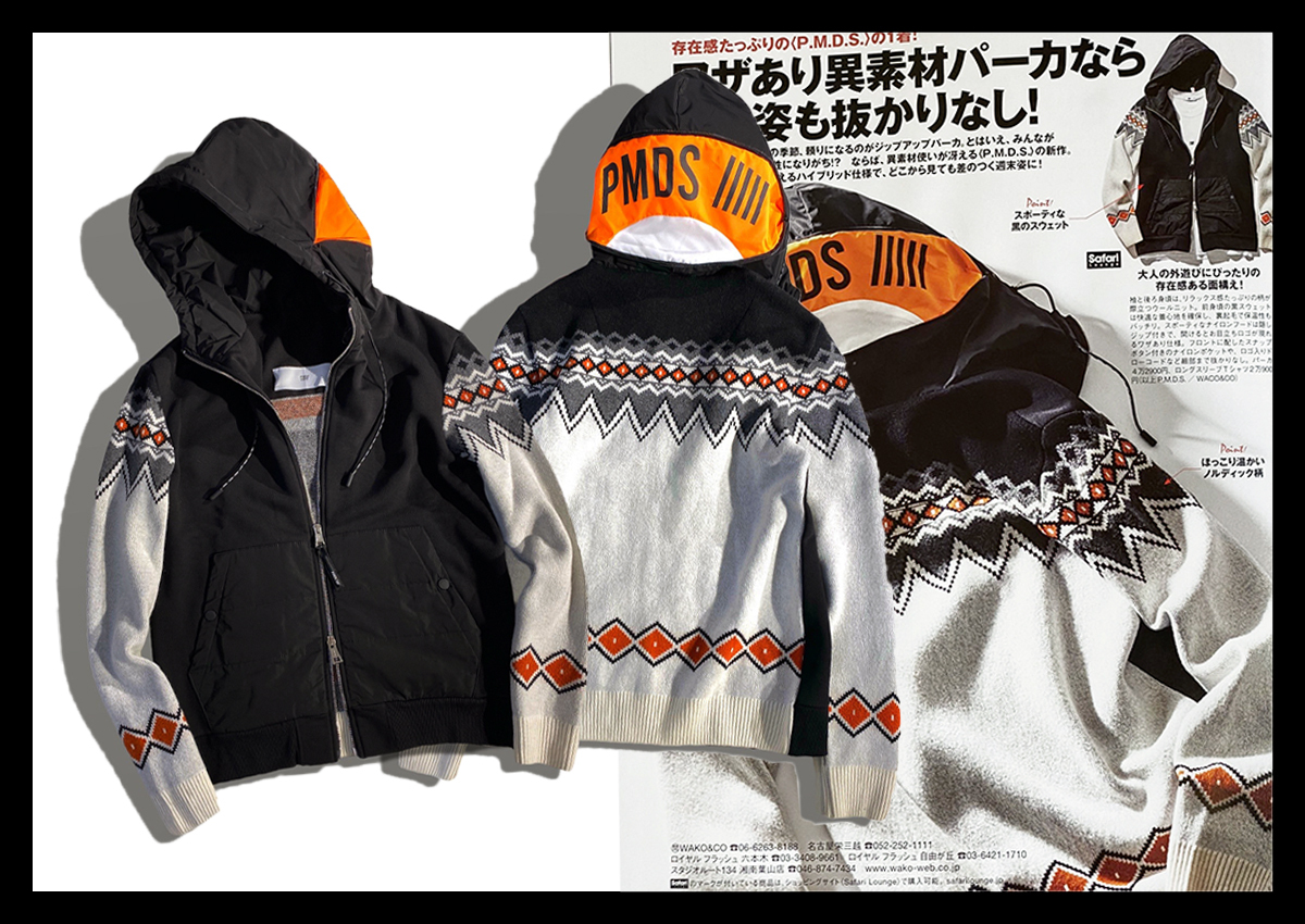 定価4.2万P.M.D.S. PREMIUM MOOD DENIM SUPERIOR アクティブな都会派フーディ！異素材ドッキングノルディック柄ダブルジップブルゾン 伊製の画像1