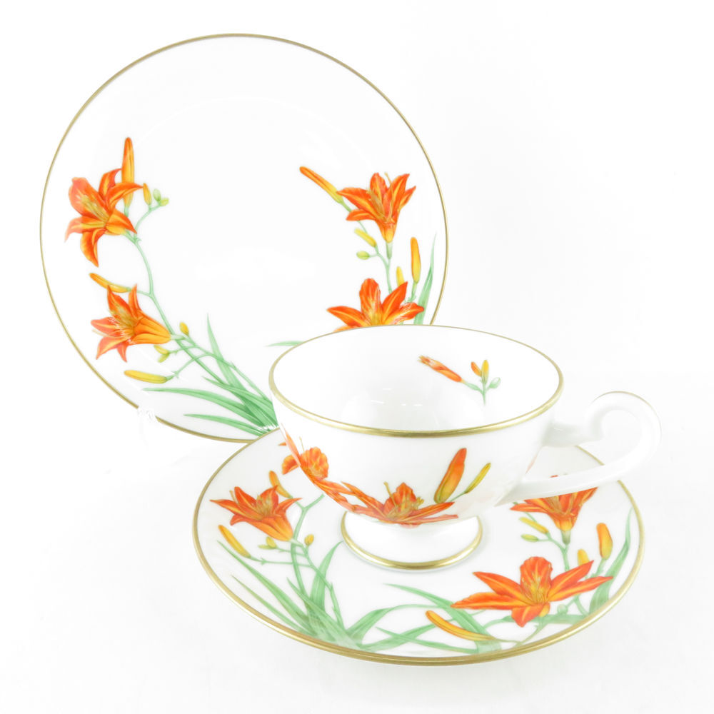 美品 IEI インペリアルエンタープライズ 「万葉の花」 わすれぐさ ティーカップ＆ソーサー ケーキ皿 1セット 17cmプレート 1983 SY8977D