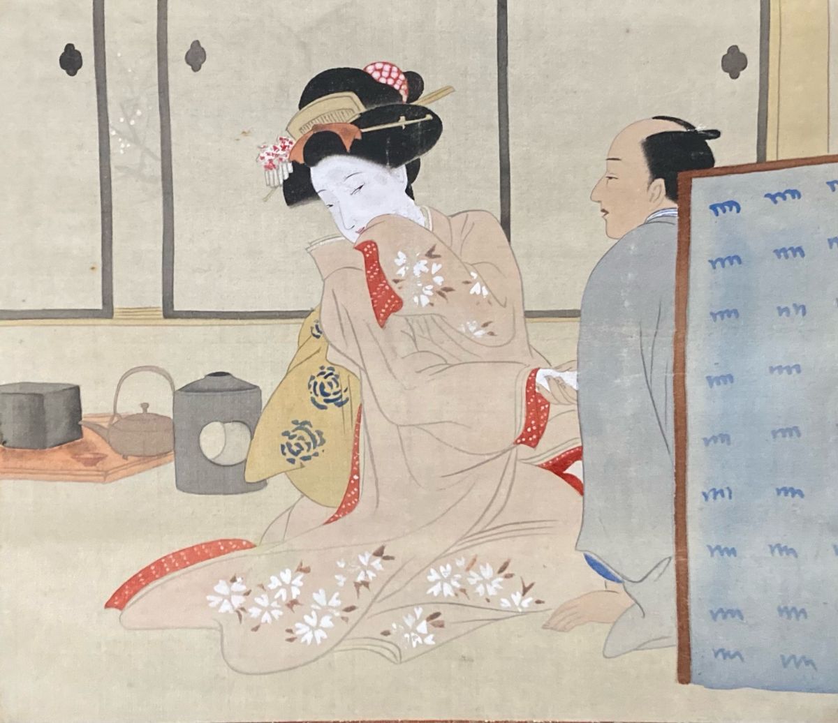 江戸期 茶道 裏引き 枕絵 遊郭 舞子 日本髪 掛軸 47cm×118cm 江戸期 茶道 裏引き 枕絵 遊郭 舞子 日本髪 掛軸 47cm×118cm