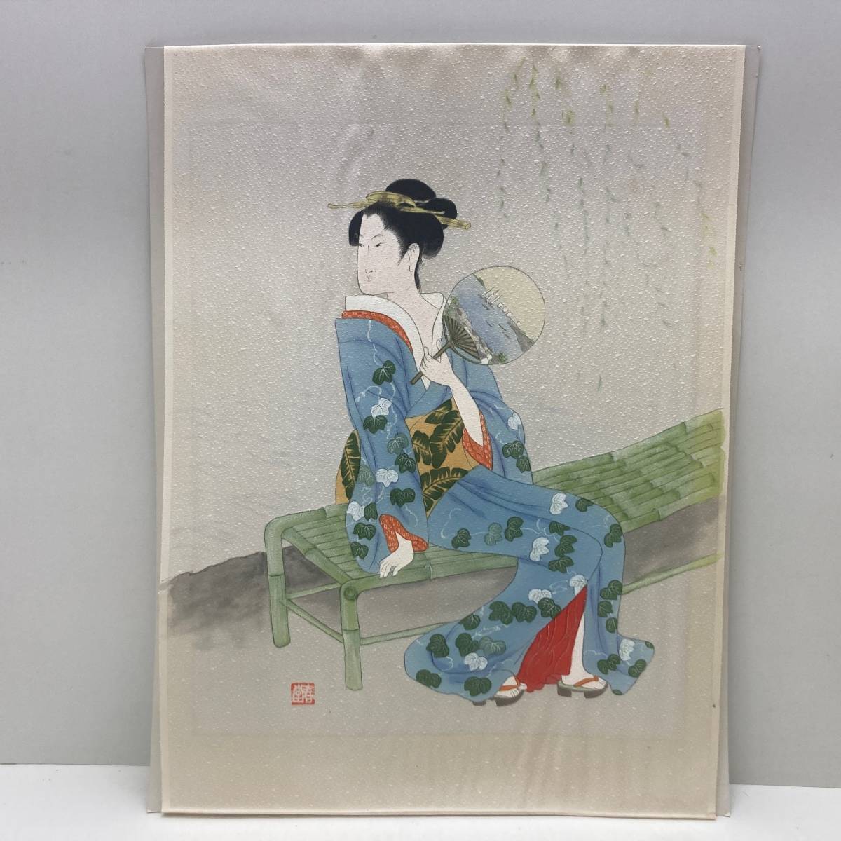 美人画 春堂 作 正絹　反物　着物 銘在 肉筆 紙本 日本画 絵画　掛軸　37cm幅　約70cm巾15000_画像1