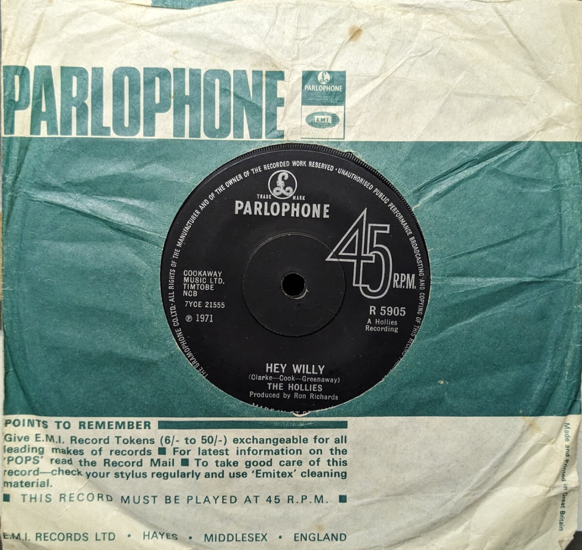 ◎特選◎THE HOLLIES/HEY WILLY1971'UK PARLOPHONE7INCH_画像1