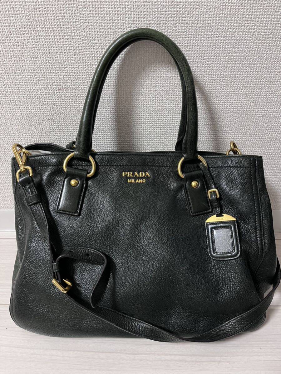 PRADA プラダ レザー 2WAY ショルダーバッグ ハンドバッグ レディース ダークグリーン系 ゴールド金具 ロゴ 送料無料の画像1