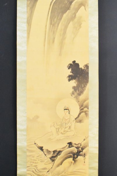 K3569 模写 在銘 仏画仏教美術「瀧見観音像」絹本 合箱 日本画 中国 絵画 掛軸 掛け軸 古美術 人が書いたもの_画像3
