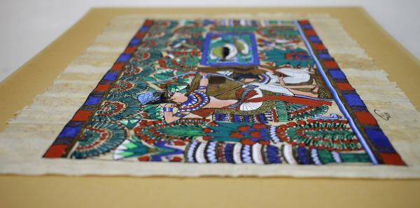 C-035 パピルス画 エジプト工芸 画寸40×30センチ 作者不詳 木製額 エジプト雑貨 古玩 蔵出_画像9