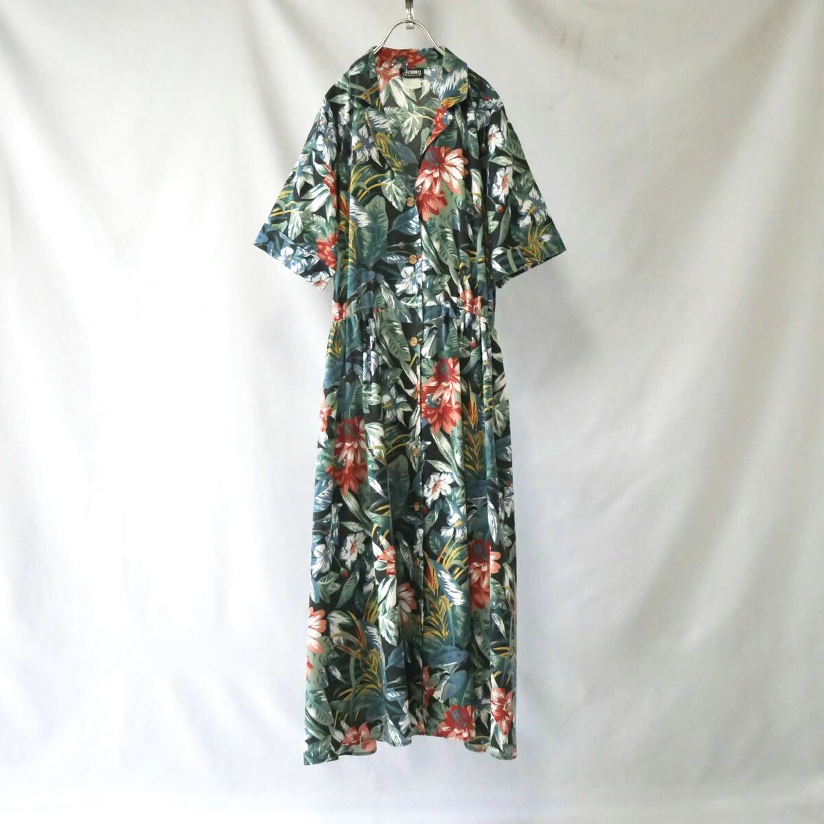 Made in USA hawaiian shirt onepiece アメリカ製 ハワイアン風 前開き コットンワンピース ブラック マキシ丈 vintage 古着