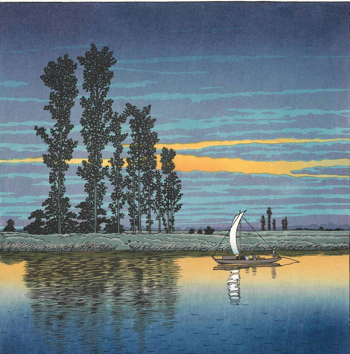 真作保証 川瀬巴水 木版画 #11 牛堀の夕暮 初版 1930年 昭和5年 真作保証 川瀬巴水 木版画 #11 牛堀の夕暮 初版 1930年 昭和5年