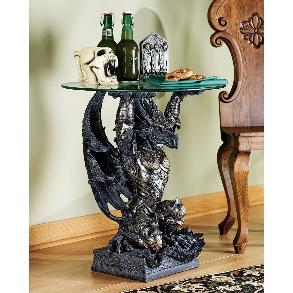 鎧を着たドラゴンのガラステーブル　インテリア家具置物装飾品オブジェ洋風飾りゴシックディスプレイ調度品中世ヨーロッパファンタジー竜