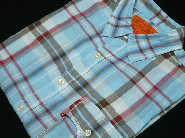 美品LEVISリーバイスRedTab半袖フラップシャツM(38)水色チェック\7150_画像1
