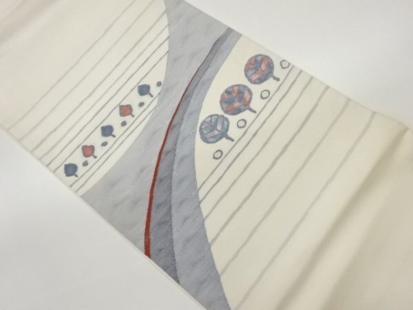 ys7026351; すくい織抽象葉に横縞模様織出し洒落袋帯【着】 ys7026351; すくい織抽象葉に横縞模様織出し洒落袋帯【着】