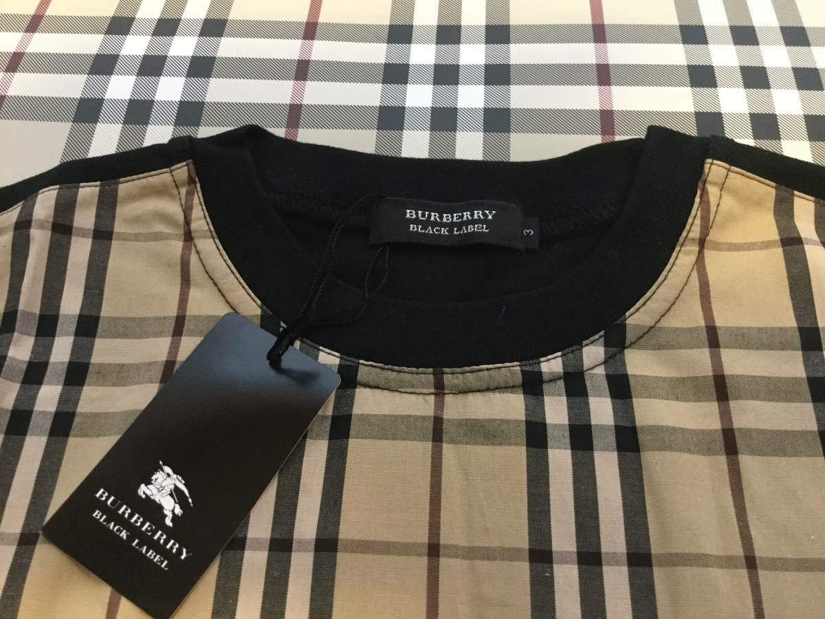 新品 タグ バーバリーブラックレーベル BURBERRY タータンチェック ブラック 加工 Tシャツ 3 ノバチェック 半袖シャツ メンズ Ｌ 三陽商会