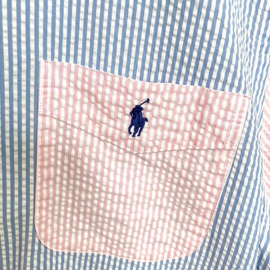 【Ralph Lauren】パステルカラーのストライプ! 半袖シャツ ラルフローレン 夏素材 シアサッカー ポケット付 ストライプ