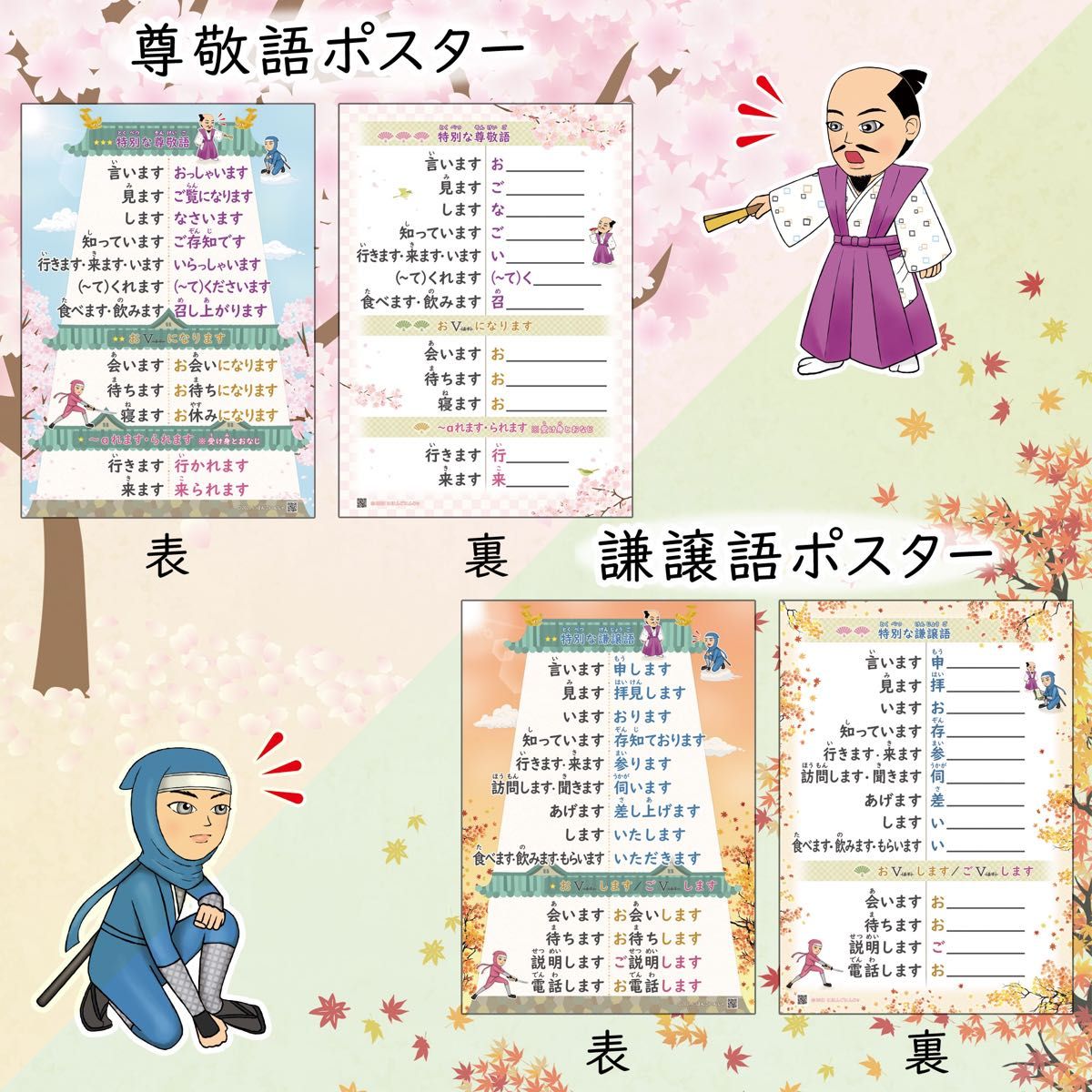 尊敬語・謙譲語ポスターセット（A1・両面・漢字版）各1枚　『みんなの日本語』準拠