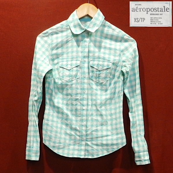 AEROPOSTALE エアロポステール ロゴ 2WAY 7分袖 長袖シャツ ドレスシャツ デザインシャツ ミントグリーン 白 黄色 XS 美品